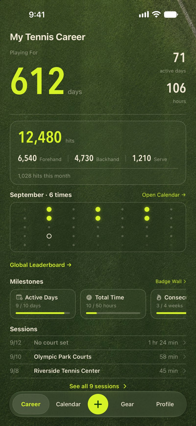 Career home: years playing, active days, hours and shots