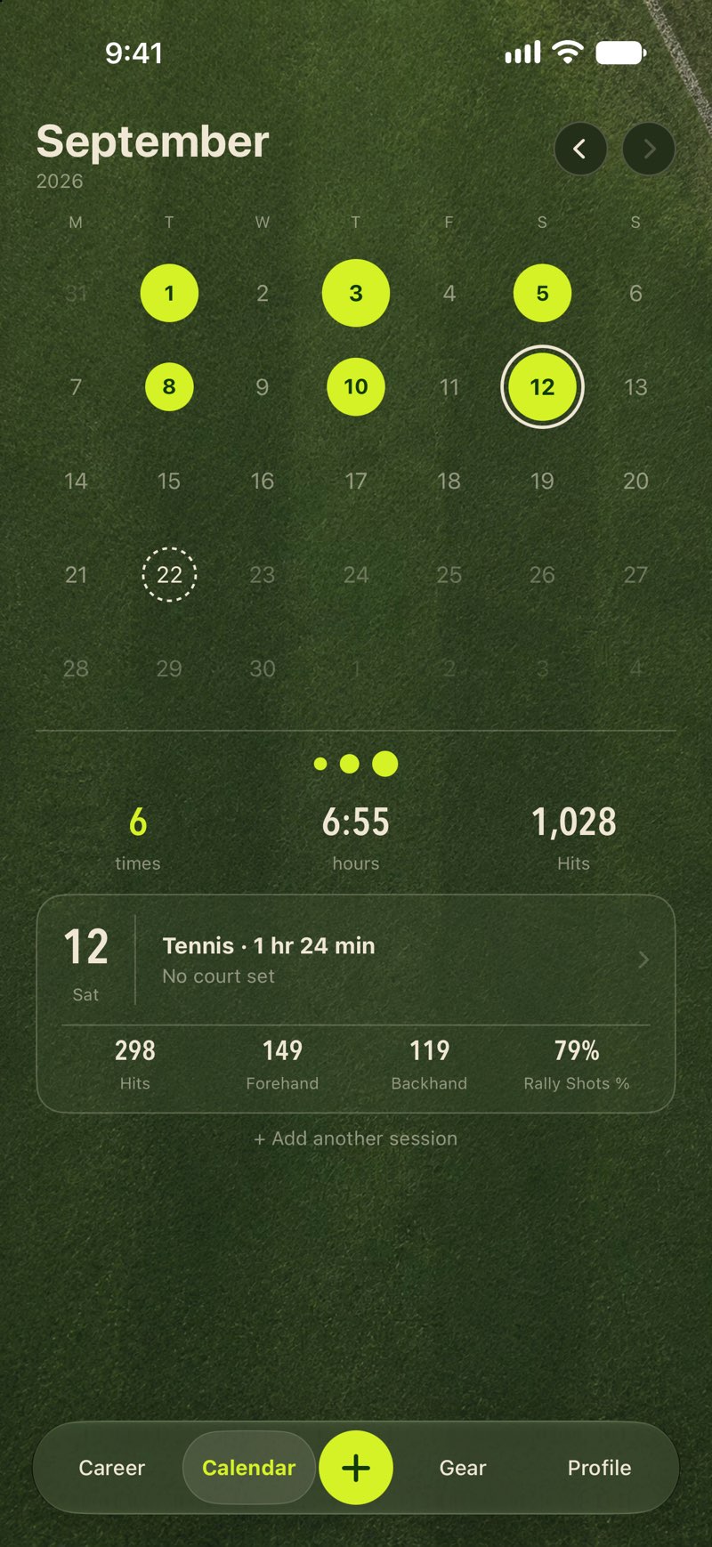 Tennis calendar: every day you played is a glowing ball